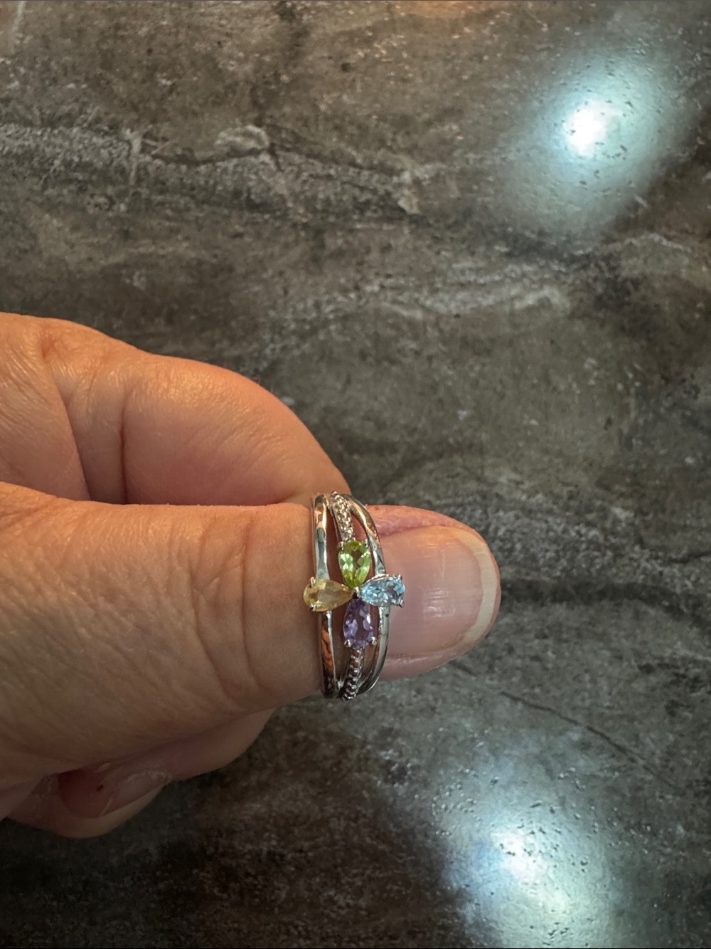 Sterling Silver Multi-Gemstone Floral Accent Ring - Green, Yellow, Purple, Clear
